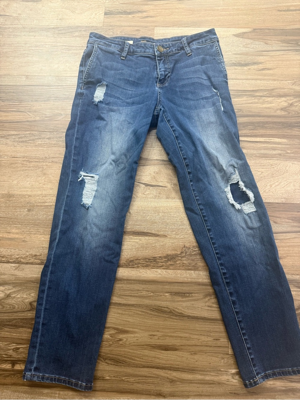 Kut from the Kloth Medium-Dark Blue Distressed Straight Leg Jeans